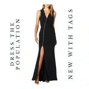 DRESS THE POPULATION‎ CHER EXPOSED ZIPPER PLUNGING LONG GOWN DRESS SIZE X-LARGE